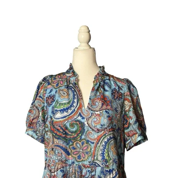 JADE Paisley Boho Babydoll Dress Blue Multicolor Size L EUC! - Picture 3 of 8